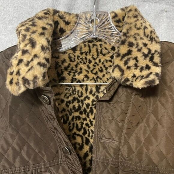Charta Brown Quilted Women's Jacket Cheetah collar and sleeves S This jacket is - Picture 2 of 5